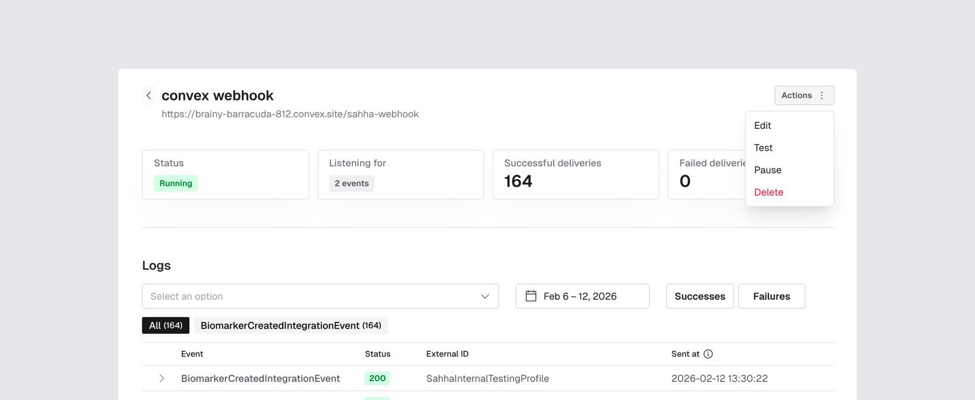 Sahha webhook list with Actions menu and Test button highlighted